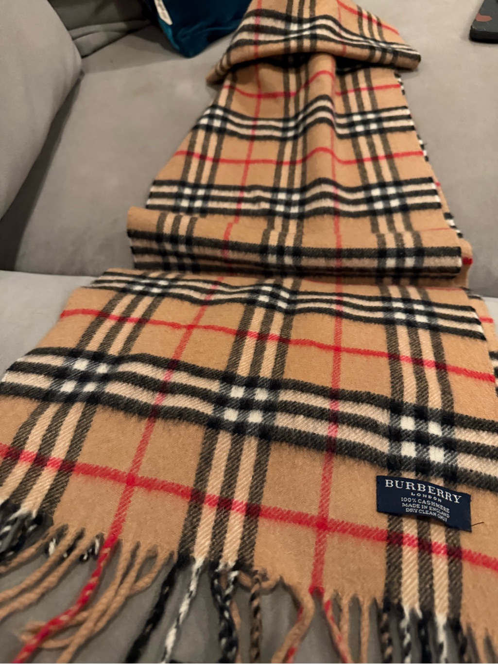Burberry Beige Plaid Cashmere Scarf With Black And Red Accents
